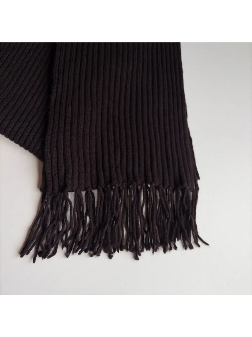 Vintage Merino Wool Ribbed Knit Scarf Chocolate Brown Fringe Warm Unisex 7X68